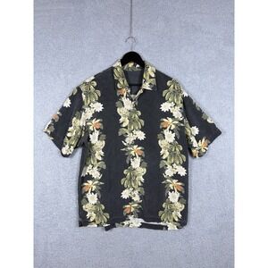 Tommy Bahama 100% Silk Camp Shirt Size L Olive Color Bold Flower Design EUC